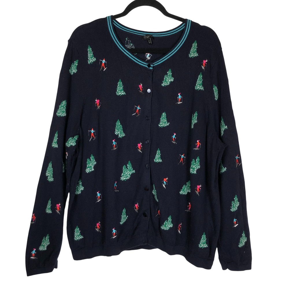 Talbots Womens Embroidered Skiers‎ and Trees Cardigan Size 2X Novelty Quirky